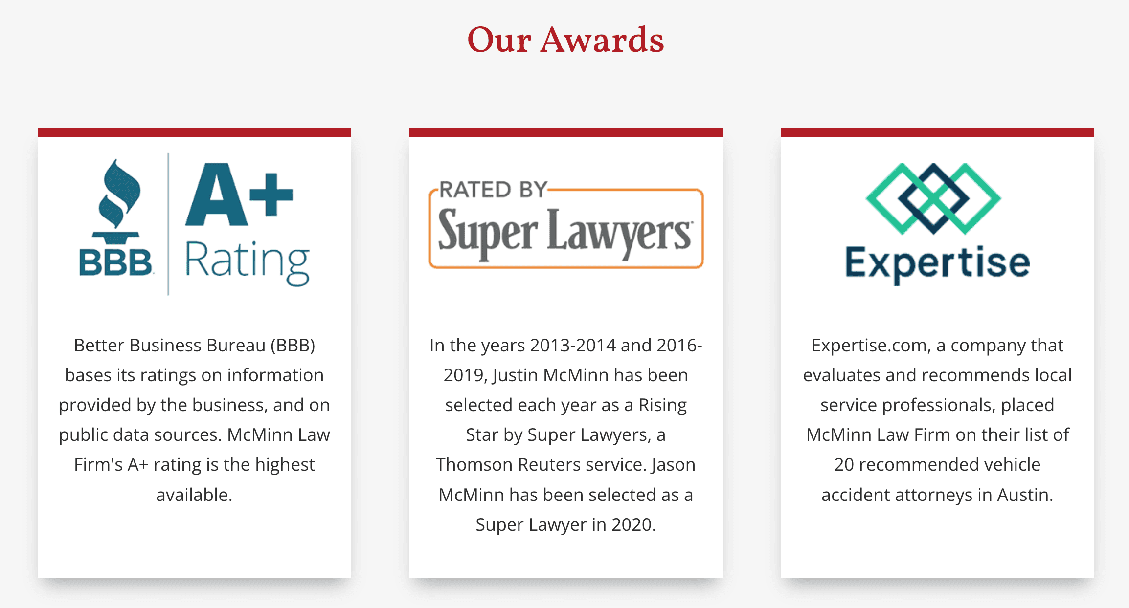 McMinn Law firm awards: A+ Better Business Bureau rating, Super Lawyers badge, and Expertise.com 20 recommended vehicle accident attorneys in Austin.